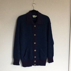 Women’s LL Bean wool knit cardigan sweater, front slash pockets, blue size L